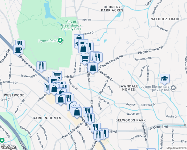 map of restaurants, bars, coffee shops, grocery stores, and more near 3601 Lawndale Drive in Greensboro