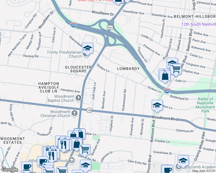 map of restaurants, bars, coffee shops, grocery stores, and more near 3408 Benham Avenue in Nashville