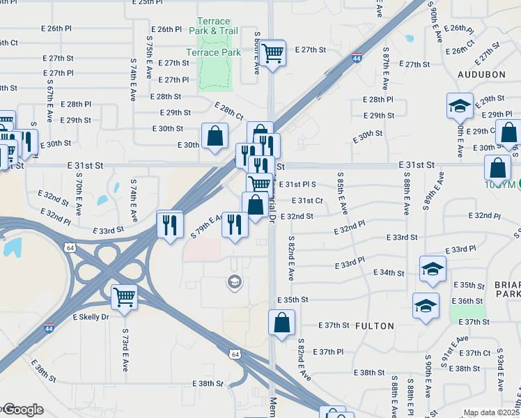 map of restaurants, bars, coffee shops, grocery stores, and more near 3202 South Memorial Drive in Tulsa