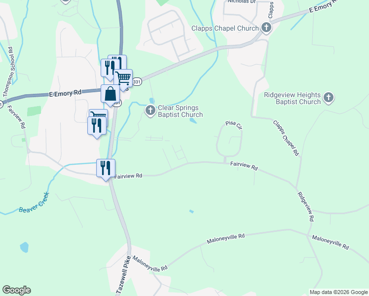 map of restaurants, bars, coffee shops, grocery stores, and more near 7342 English Park Way in Corryton