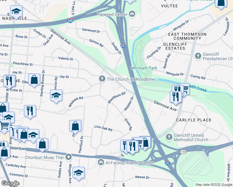 map of restaurants, bars, coffee shops, grocery stores, and more near 2513 Mashburn Road in Nashville