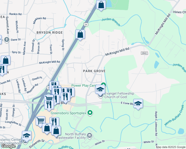 map of restaurants, bars, coffee shops, grocery stores, and more near 2114 Joseph McNeil Avenue in Greensboro