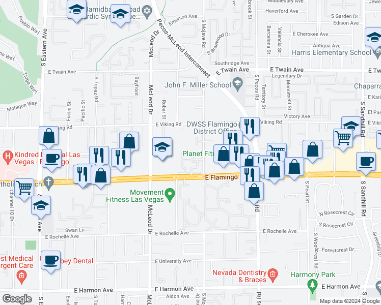 map of restaurants, bars, coffee shops, grocery stores, and more near 3164 East Flamingo Road in Las Vegas