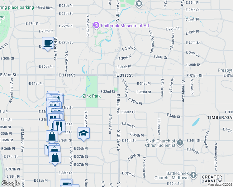 map of restaurants, bars, coffee shops, grocery stores, and more near 3141 South Utica Avenue in Tulsa