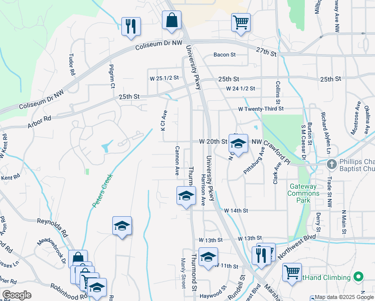 map of restaurants, bars, coffee shops, grocery stores, and more near 818 West 20th Street in Winston-Salem