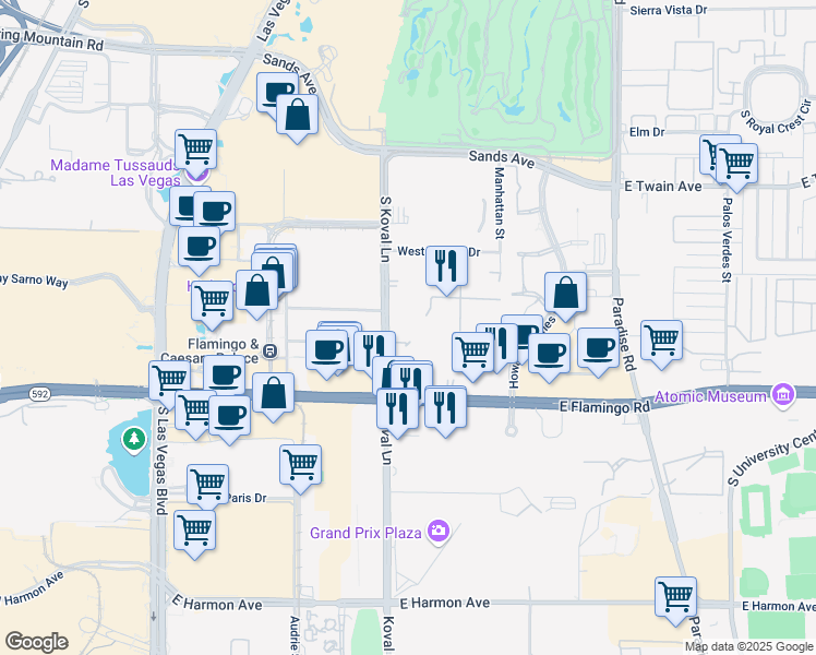 map of restaurants, bars, coffee shops, grocery stores, and more near 210 East Flamingo Road in Las Vegas
