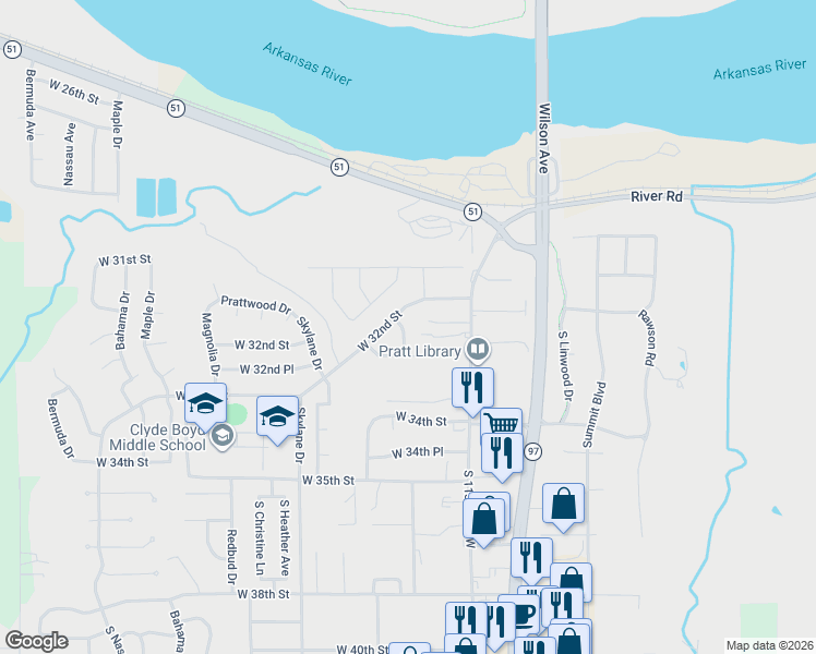 map of restaurants, bars, coffee shops, grocery stores, and more near 3205 Everett Street in Sand Springs