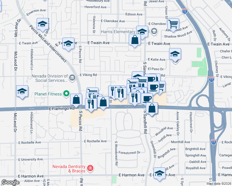 map of restaurants, bars, coffee shops, grocery stores, and more near 4010 South Pearl Street in Las Vegas