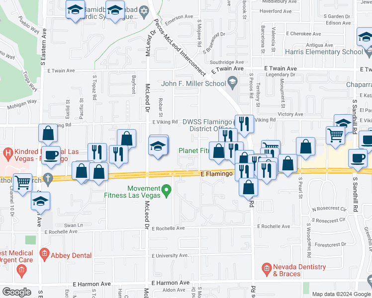 map of restaurants, bars, coffee shops, grocery stores, and more near 3164 East Flamingo Road in Las Vegas