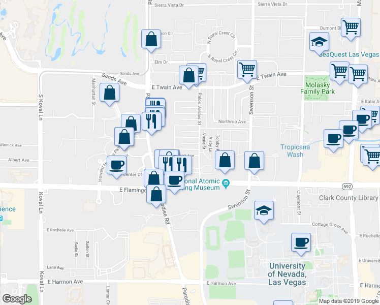 map of restaurants, bars, coffee shops, grocery stores, and more near 496 Albert Avenue in Las Vegas