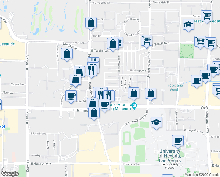 map of restaurants, bars, coffee shops, grocery stores, and more near 496 Albert Avenue in Las Vegas