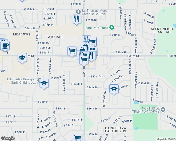 map of restaurants, bars, coffee shops, grocery stores, and more near 3181 South 129th East Avenue in Tulsa