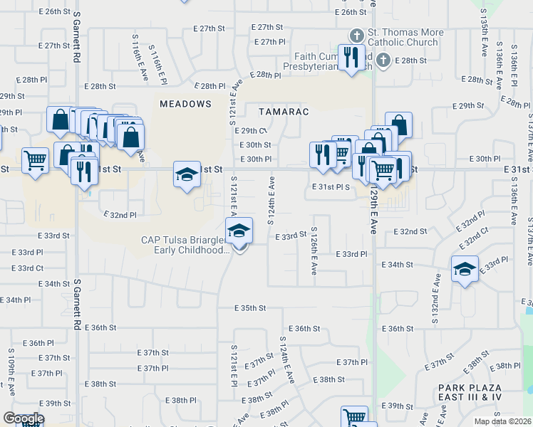 map of restaurants, bars, coffee shops, grocery stores, and more near 3154 South 124th East Avenue in Tulsa