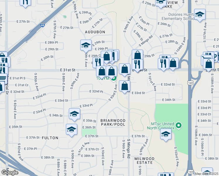 map of restaurants, bars, coffee shops, grocery stores, and more near 3218 South 93rd East Avenue in Tulsa