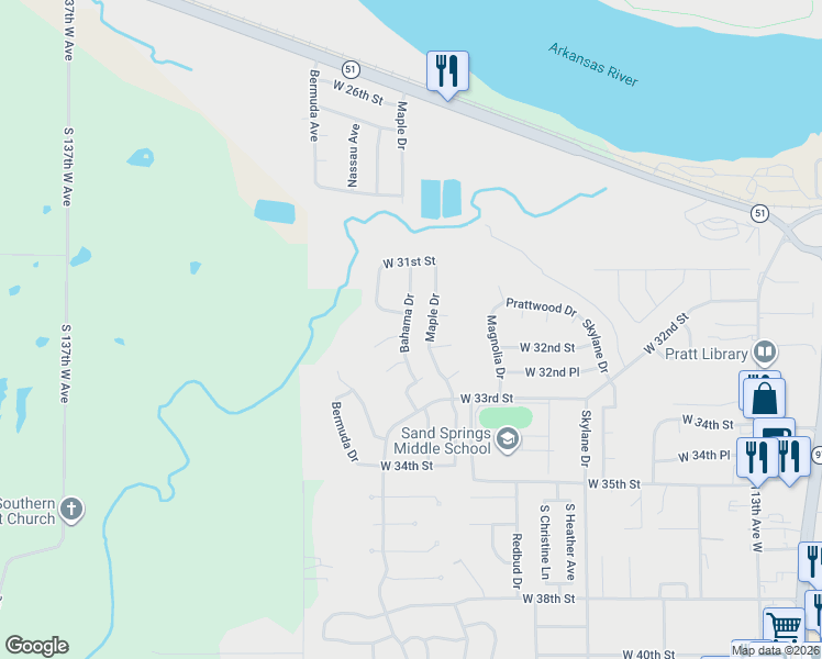 map of restaurants, bars, coffee shops, grocery stores, and more near 3118 Maple Drive in Sand Springs
