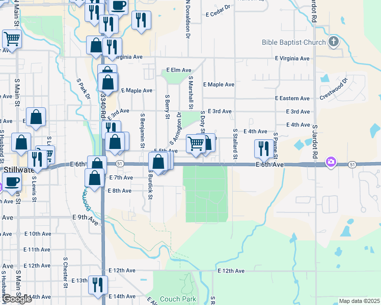 map of restaurants, bars, coffee shops, grocery stores, and more near 1202 East 5th Avenue in Stillwater