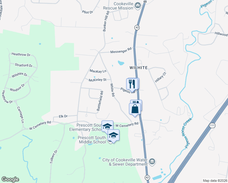 map of restaurants, bars, coffee shops, grocery stores, and more near 1652 White Road in Cookeville