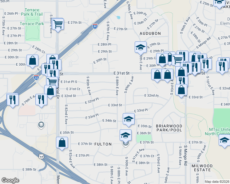 map of restaurants, bars, coffee shops, grocery stores, and more near 3204 South 88th East Avenue in Tulsa