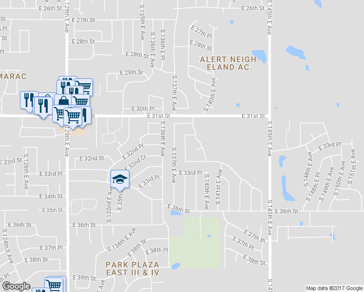 map of restaurants, bars, coffee shops, grocery stores, and more near 3228 South 138th East Avenue in Tulsa