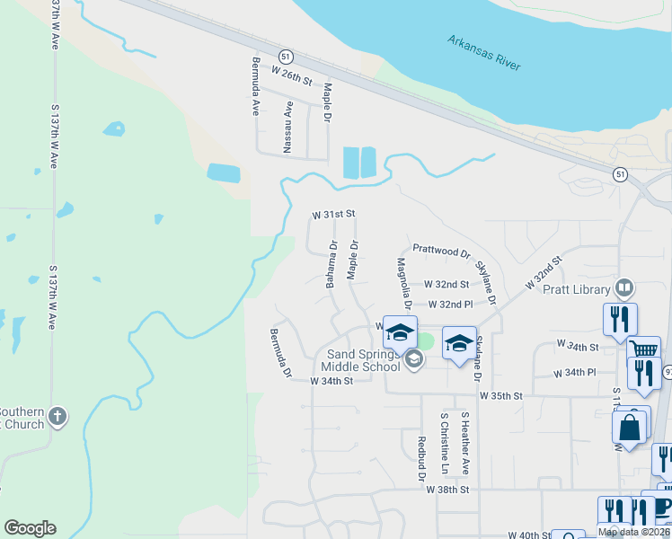 map of restaurants, bars, coffee shops, grocery stores, and more near 3118 Maple Drive in Sand Springs