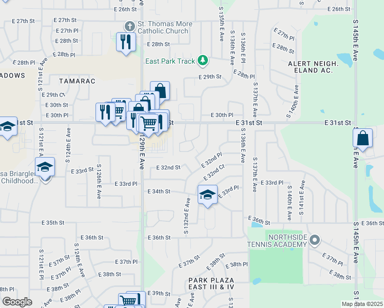 map of restaurants, bars, coffee shops, grocery stores, and more near 3166 South 133rd East Avenue in Tulsa