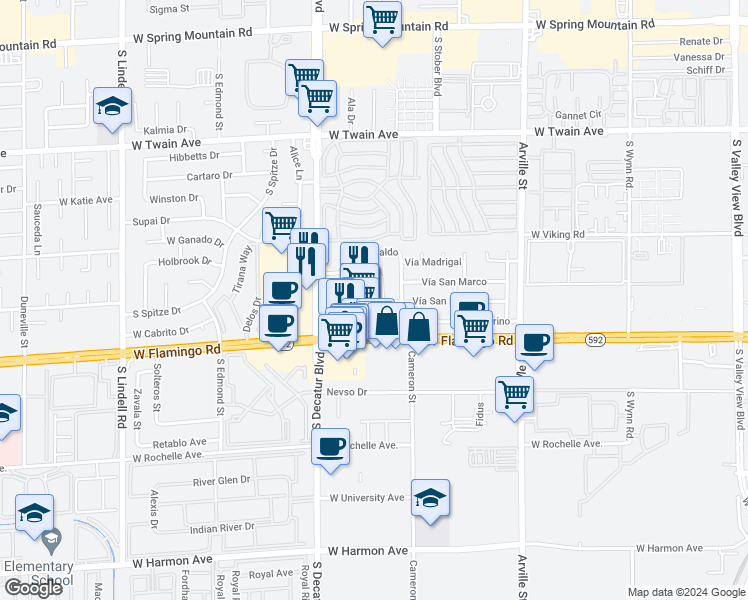 map of restaurants, bars, coffee shops, grocery stores, and more near 4037 Calle Paula in Las Vegas