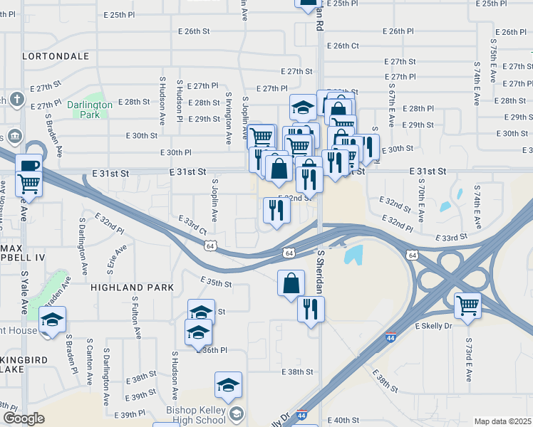 map of restaurants, bars, coffee shops, grocery stores, and more near 3224 South Lakewood Avenue in Tulsa