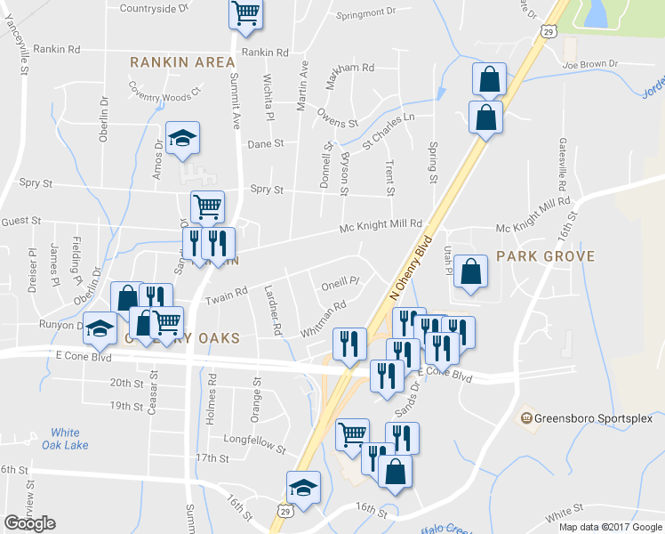map of restaurants, bars, coffee shops, grocery stores, and more near 2006 Twain Road in Greensboro