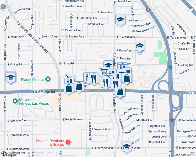 map of restaurants, bars, coffee shops, grocery stores, and more near 3681 East Saddle Avenue in Las Vegas