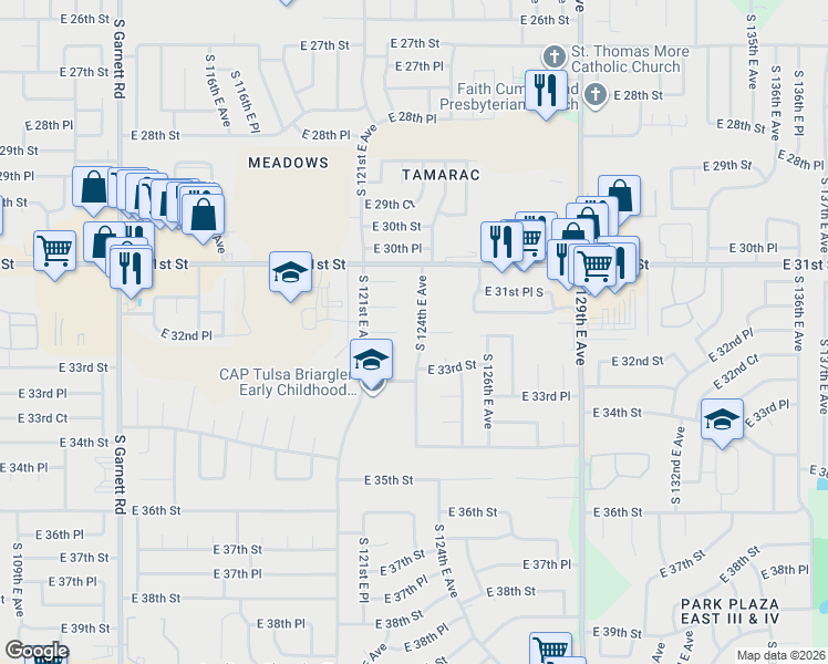map of restaurants, bars, coffee shops, grocery stores, and more near 3154 South 124th East Avenue in Tulsa