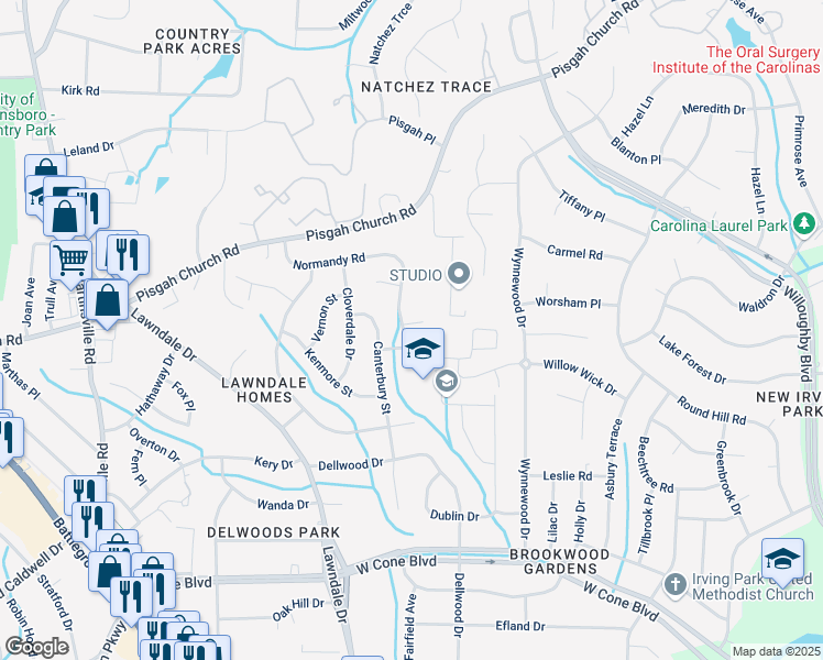 map of restaurants, bars, coffee shops, grocery stores, and more near 3402 Normandy Road in Greensboro