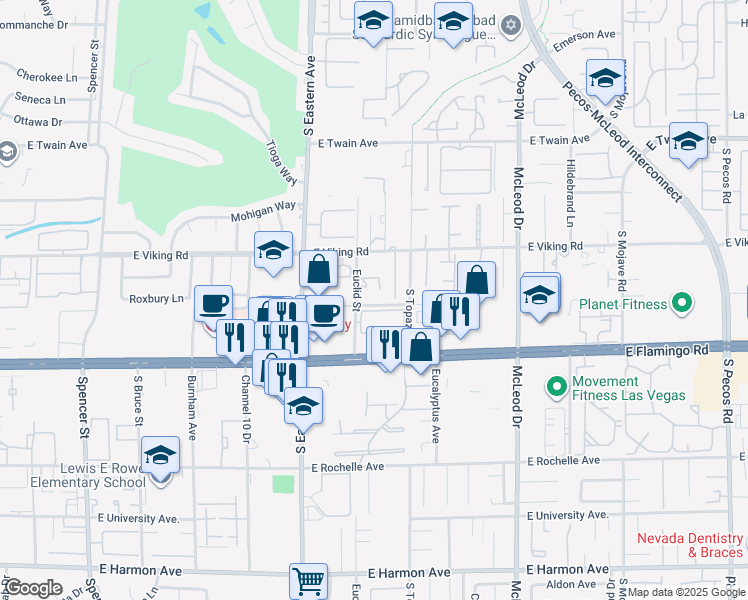 map of restaurants, bars, coffee shops, grocery stores, and more near 2514 East Saddle Avenue in Las Vegas