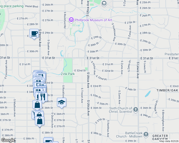 map of restaurants, bars, coffee shops, grocery stores, and more near 3141 South Utica Avenue in Tulsa
