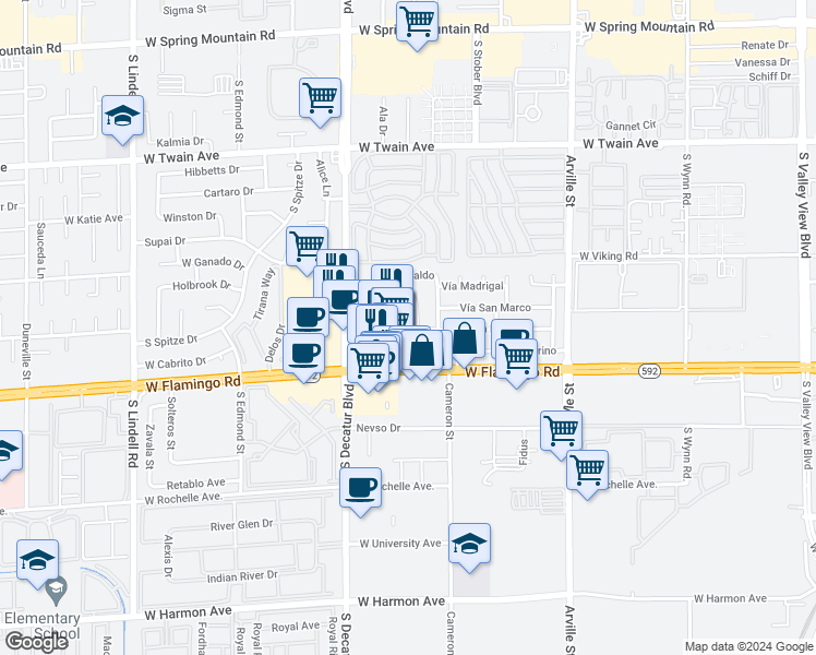 map of restaurants, bars, coffee shops, grocery stores, and more near 4037 Calle Paula in Las Vegas
