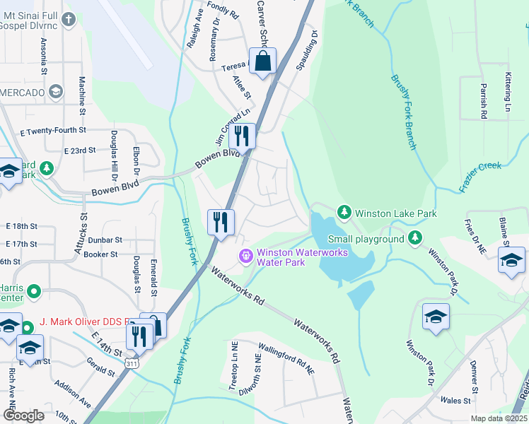 map of restaurants, bars, coffee shops, grocery stores, and more near 301 Walkertown Avenue in Winston-Salem