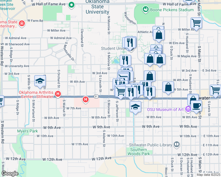 map of restaurants, bars, coffee shops, grocery stores, and more near 419 South Monroe Street in Stillwater