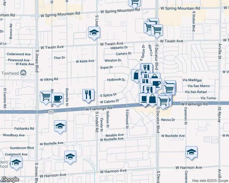 map of restaurants, bars, coffee shops, grocery stores, and more near 4045 South Spitze Drive in Las Vegas