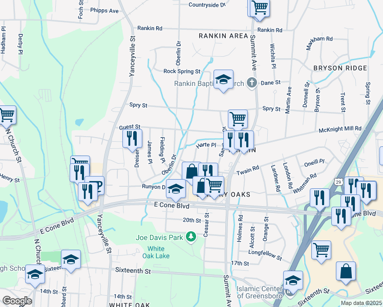 map of restaurants, bars, coffee shops, grocery stores, and more near 3220 Bernard Street in Greensboro