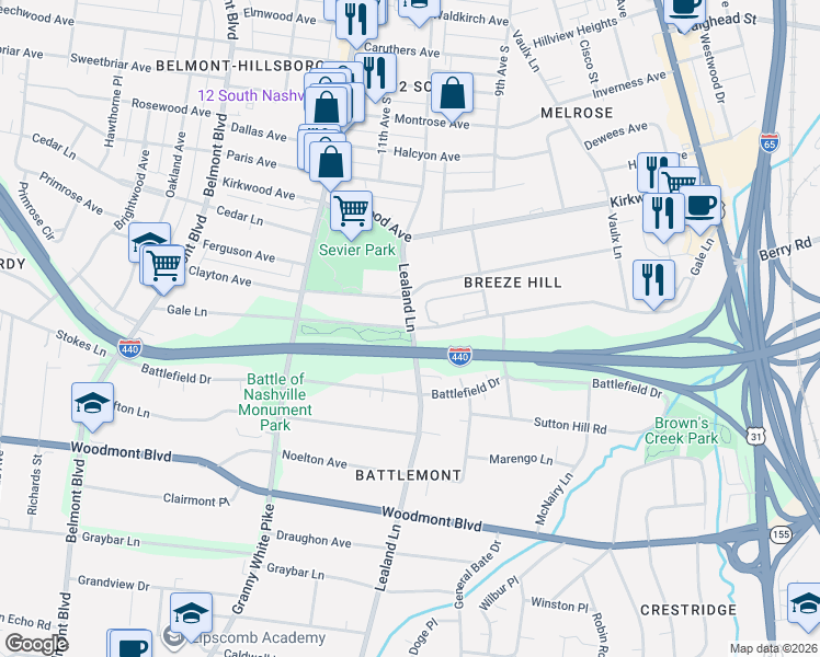 map of restaurants, bars, coffee shops, grocery stores, and more near 3112a Lealand Lane in Nashville