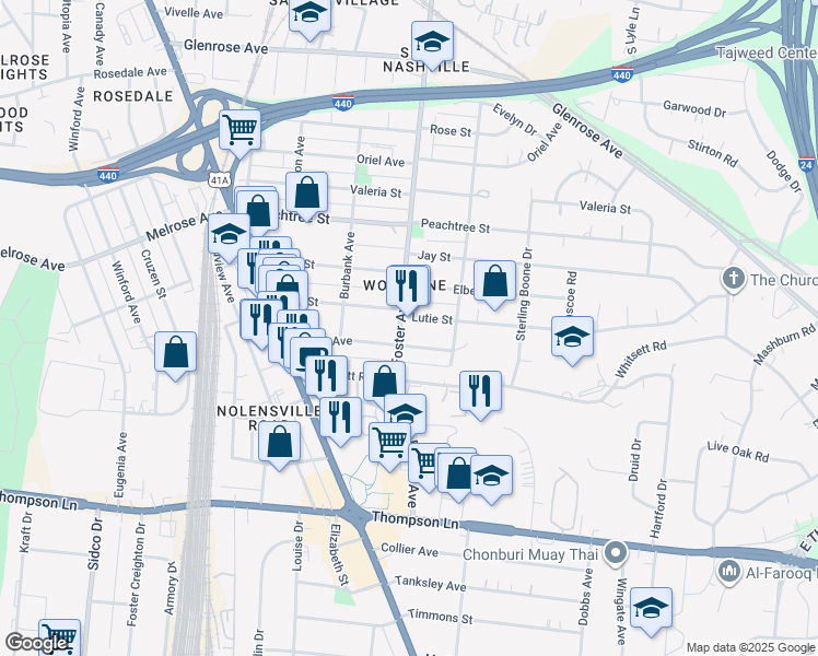 map of restaurants, bars, coffee shops, grocery stores, and more near 2602 Foster Avenue in Nashville