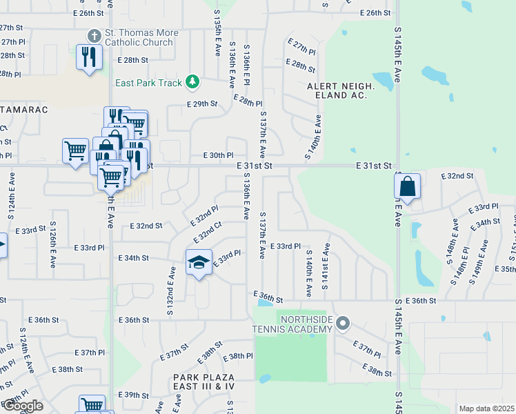 map of restaurants, bars, coffee shops, grocery stores, and more near 3221 South 136th East Avenue in Tulsa