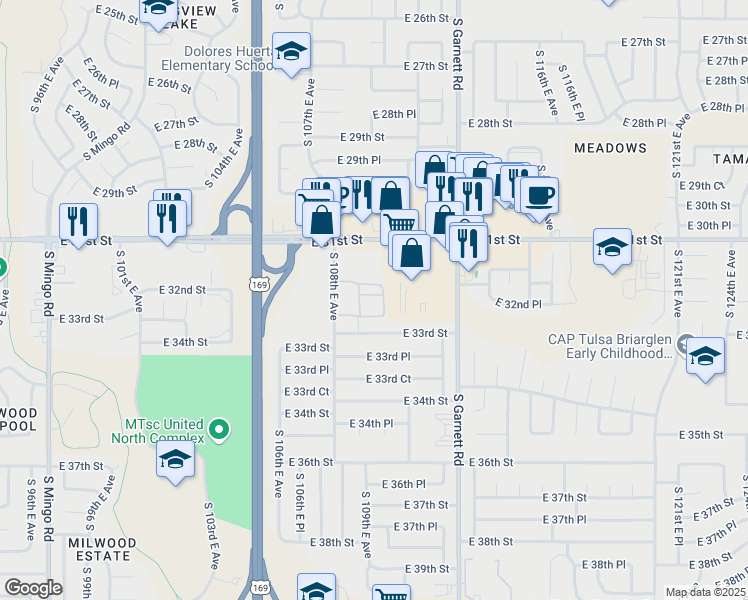 map of restaurants, bars, coffee shops, grocery stores, and more near 3155 South 108th East Avenue in Tulsa