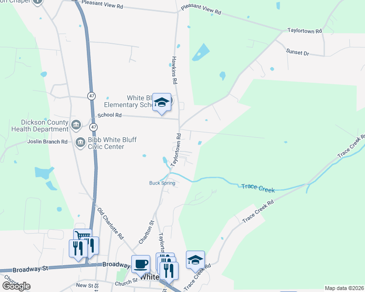map of restaurants, bars, coffee shops, grocery stores, and more near 1274 Taylortown Road in White Bluff
