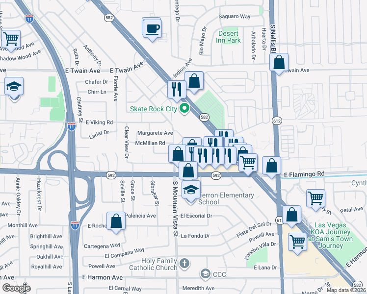 map of restaurants, bars, coffee shops, grocery stores, and more near 3950 Mountain Vista Street in Las Vegas