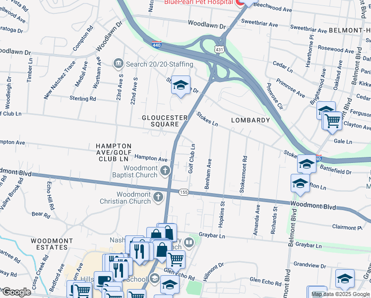 map of restaurants, bars, coffee shops, grocery stores, and more near 3345 Golf Club Lane in Nashville