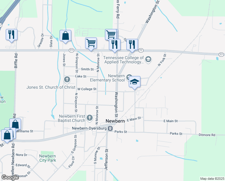 map of restaurants, bars, coffee shops, grocery stores, and more near 118 East College Street in Newbern