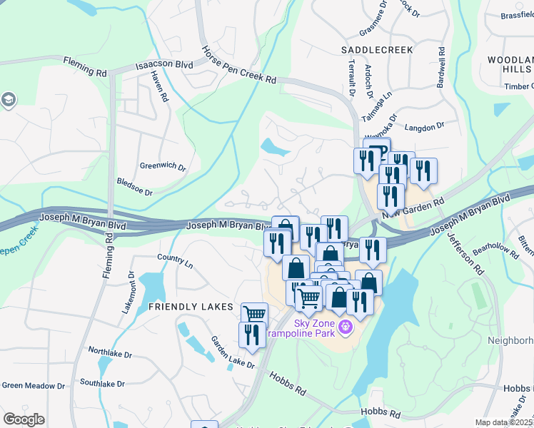 map of restaurants, bars, coffee shops, grocery stores, and more near 4511 Cross Ridge Lane in Greensboro