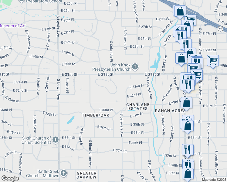 map of restaurants, bars, coffee shops, grocery stores, and more near 3124 South Columbia Circle in Tulsa