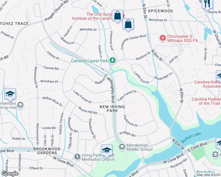map of restaurants, bars, coffee shops, grocery stores, and more near 501 Willoughby Boulevard in Greensboro