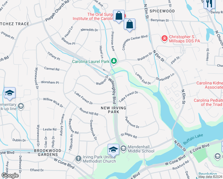 map of restaurants, bars, coffee shops, grocery stores, and more near 501 Willoughby Boulevard in Greensboro